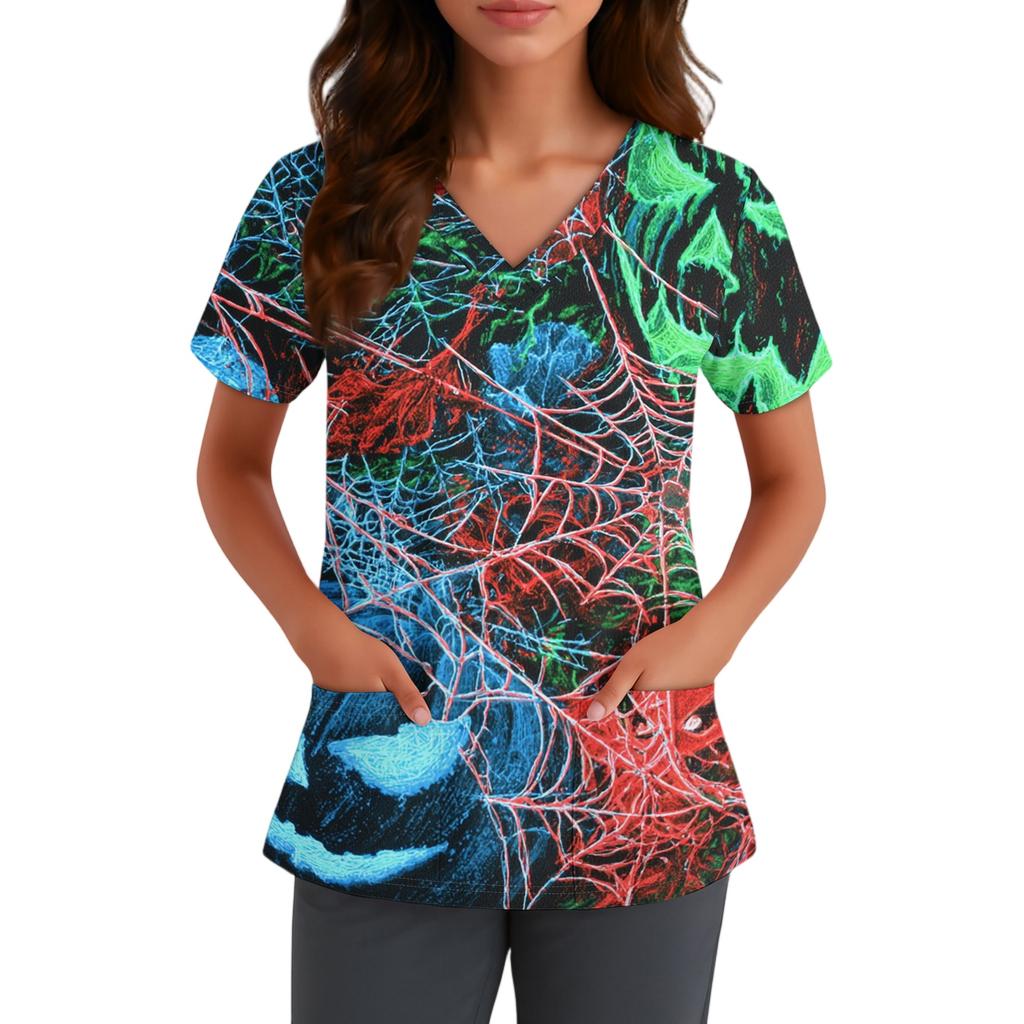 Women V Neck Short Sleeve Work Top with Pocket Halloween Print Scrub Shirt for Healthcare and Service Professionals