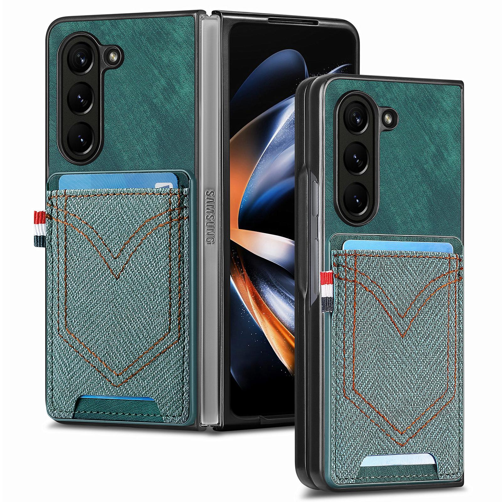 

For Samsung Galaxy Z Fold6 5G Case Leather+PC Phone Cover with Denim Texture Card Holder Green