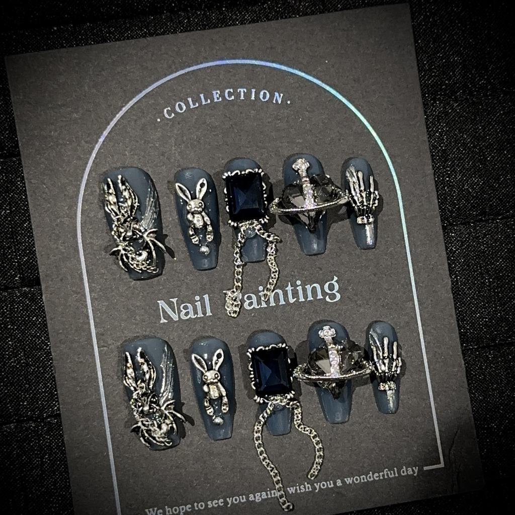 Medium Coffin Press On Nails Square Fake Nails French Tip Glue On Nail with 3D Designs Reusable False Acrylic Nails Full Cover Stick On Nail for Women