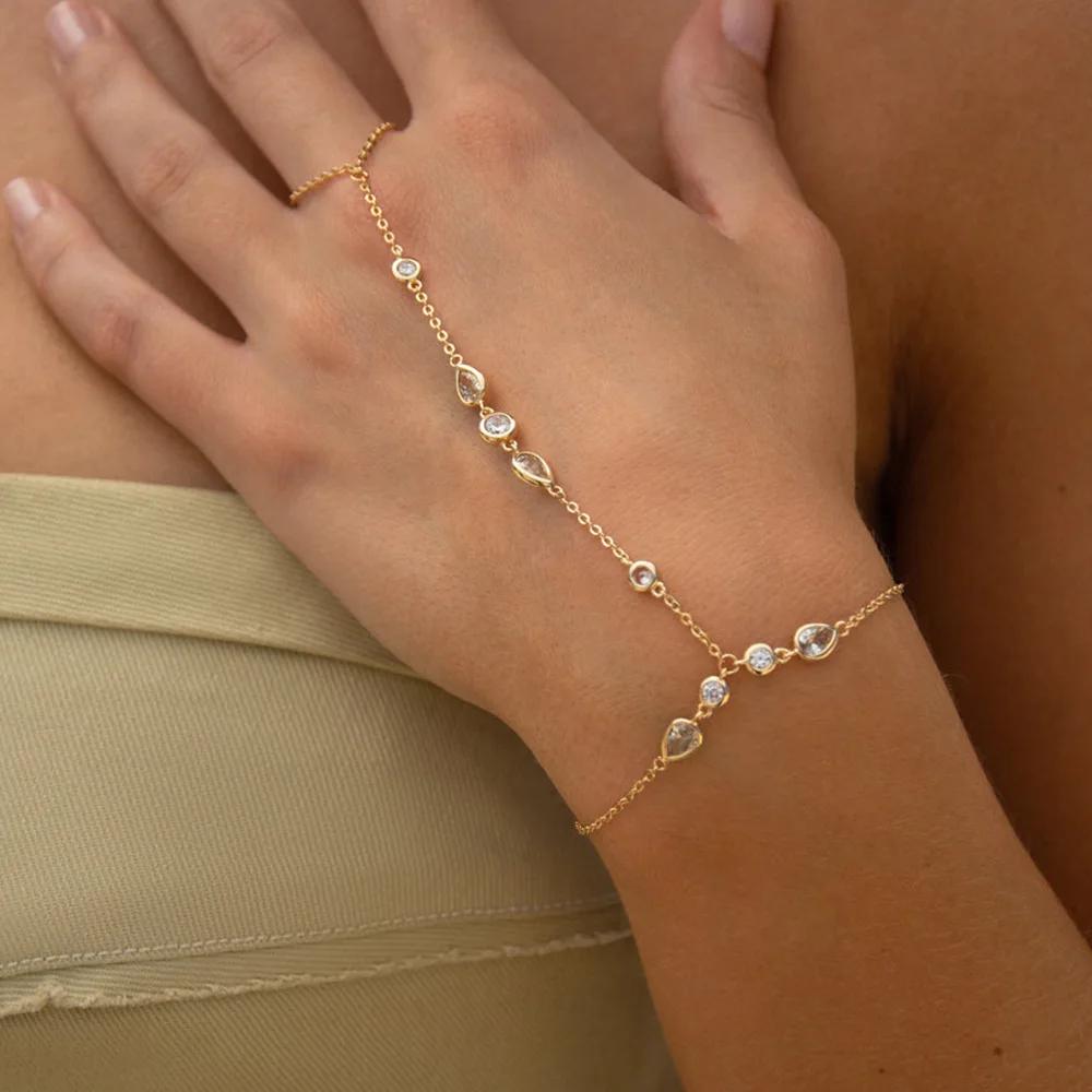 

Delicate Luxury Waterdrop Shape Circle CZ Zircon Links Hand Chain Bracelets 18K Gold Color Chain Finger Bracelets Party Jewelry