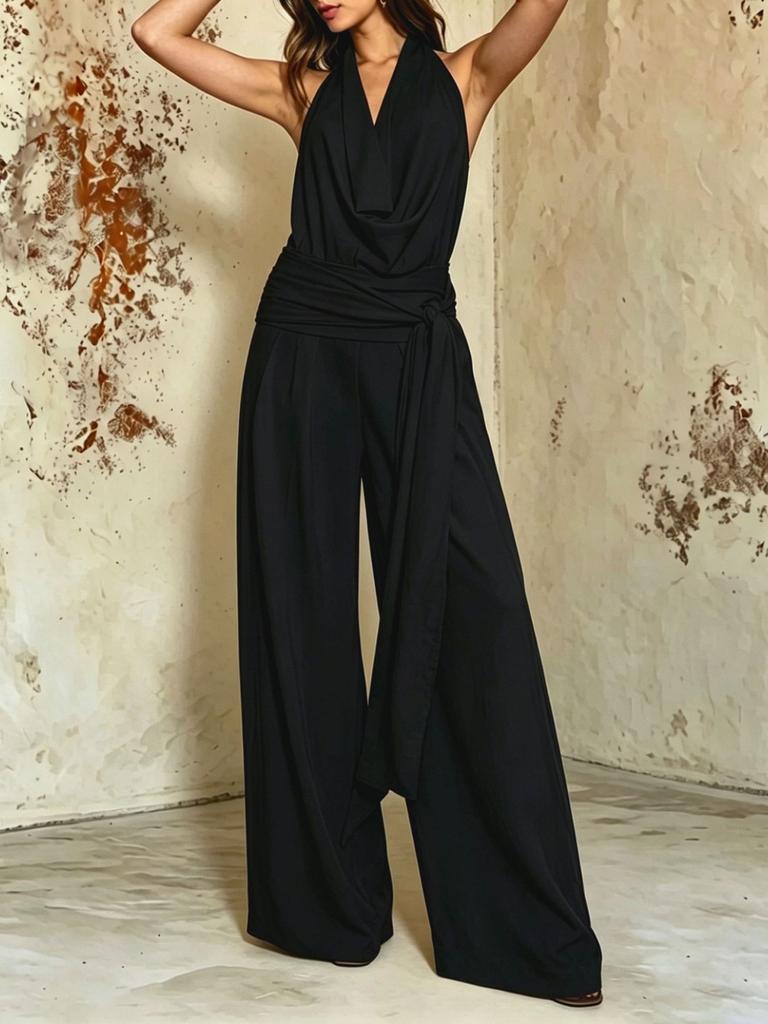 Combinaison à col halter pour femme Pantalon large Couleur unie Décontracté Sans manches Dos nu Romper Élégant Blanc
