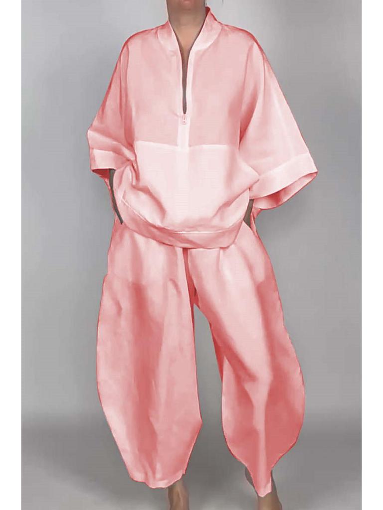 2024 Women's Autumn Loose Casual Half-Zip Top & Bloom Pants Set