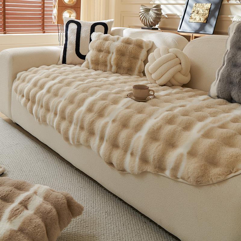 Thickened Rabbit Plush Sofa Cushion Autumn And Winter Fixed Non-Slip Straight Row Seat Cushion  New Cover Cloth Towel Winter