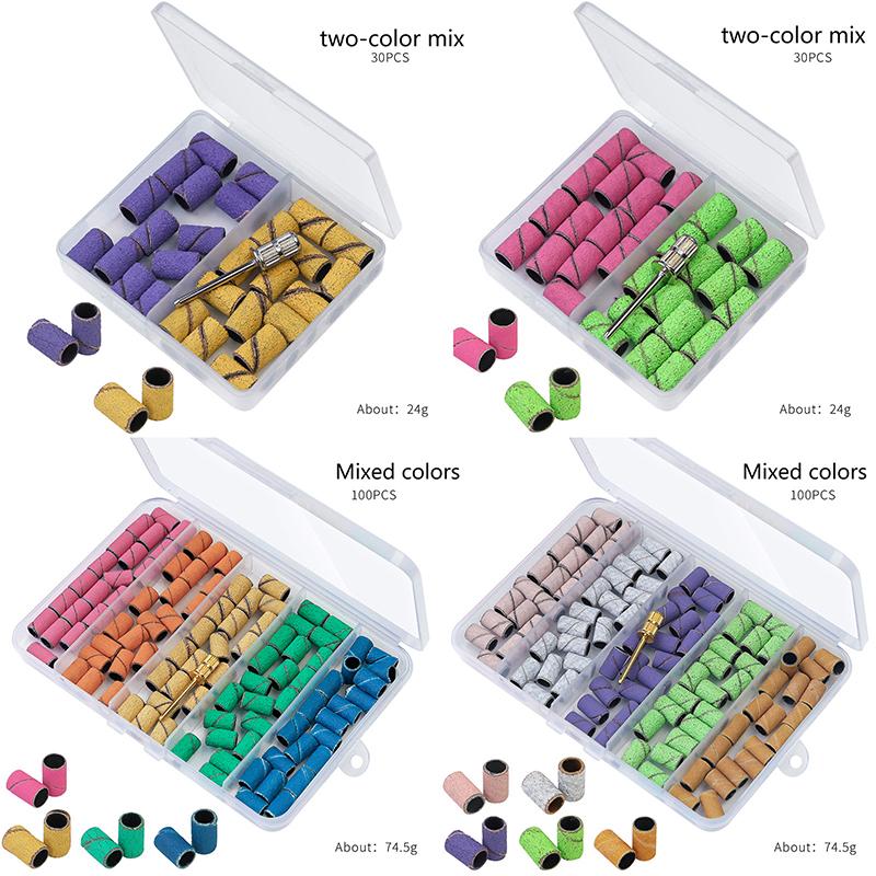 30/100Pcs Nail Sanding Ring Bands Complimentary Polishing Head 7 Colors Gel Polish Removing Grinder Band Nail Drill Bit File