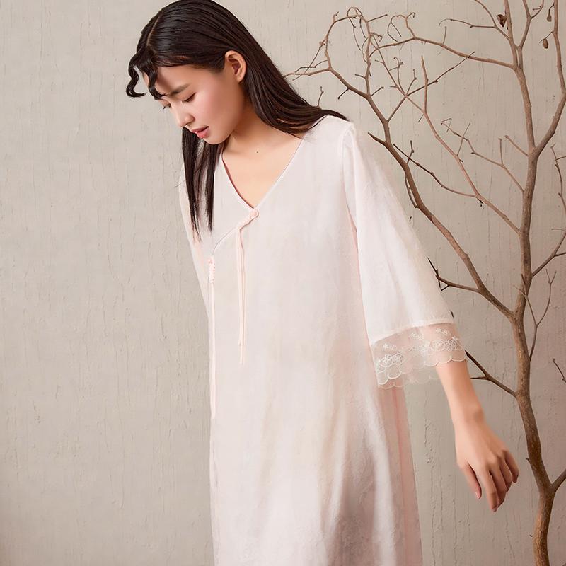 CHELNLSEEY Solid Color V-Neck Mid-Length Five-Quarter Sleeve Nightgown Women nightgown 24972