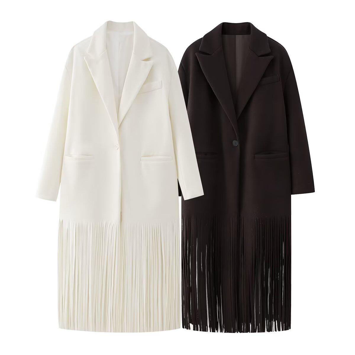 

European & American 2025 Early Spring Tassel Wool Blend Coat for Women Large