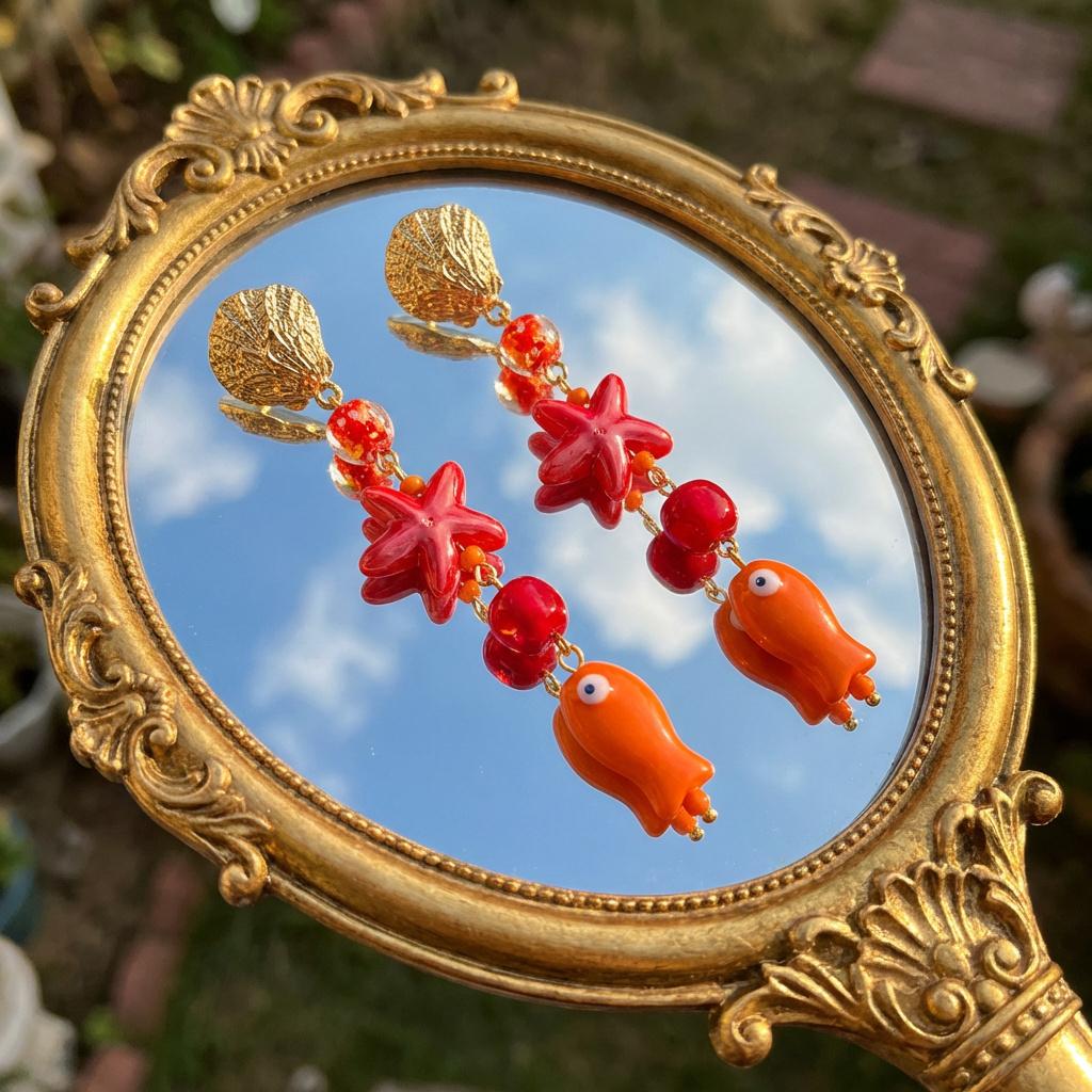 Colorful Dopamine Red Starfish Cartoon Fish Dangle Earrings For Women Beach Metal Scallop Beaded Long Earring Vacation Jewelry
