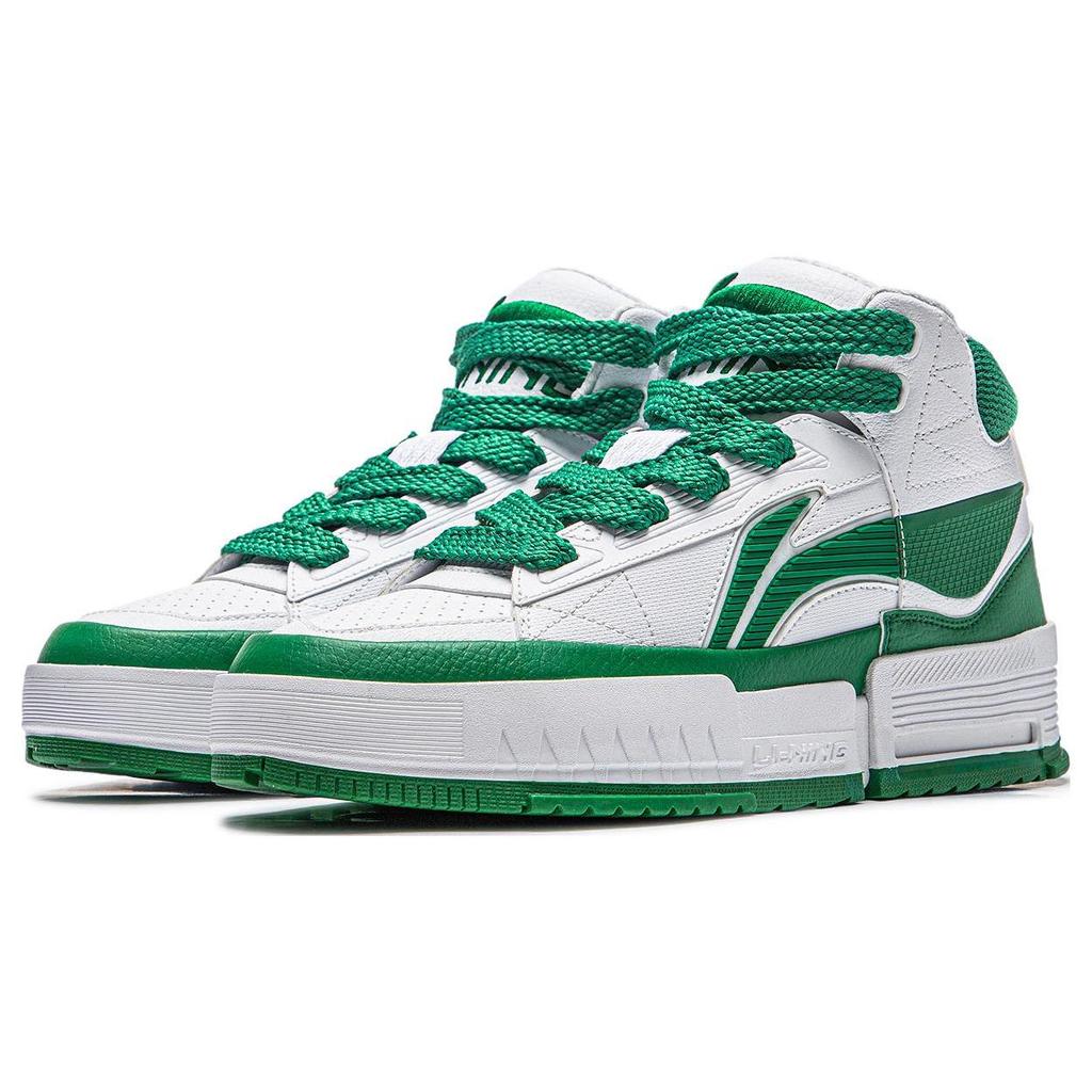 Li Ning Mileage Slip Resistant Abrasion Resistant Mid Top Skateboard Shoes Men's White Green AGCT283-3