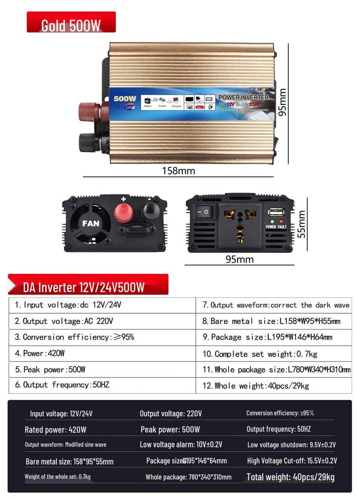 Smart Car Power Inverter 12V/24V to 220V, 500W/1000W/2000W, with USB Port