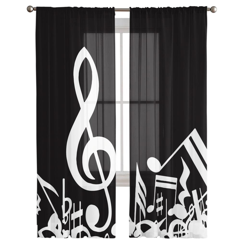 Note de Musique Noir Blanc Rideaux Voilés pour Salon Rideau Voile Chambre Salle de Bain Rideaux en Tulle Rideaux de Fenêtre