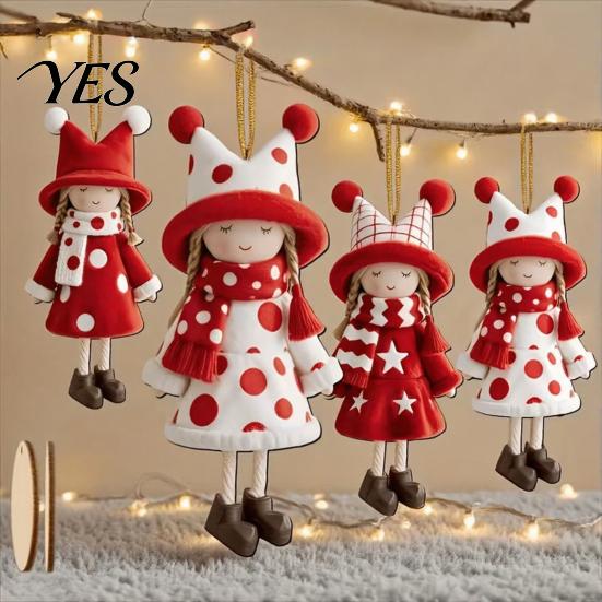 Traditional Wooden Xmas Tree Ornaments Girl Christmas Ornaments, 2D Flat Red White Hanging Rustic Holiday Figure Decoration for Tree, Mantel,