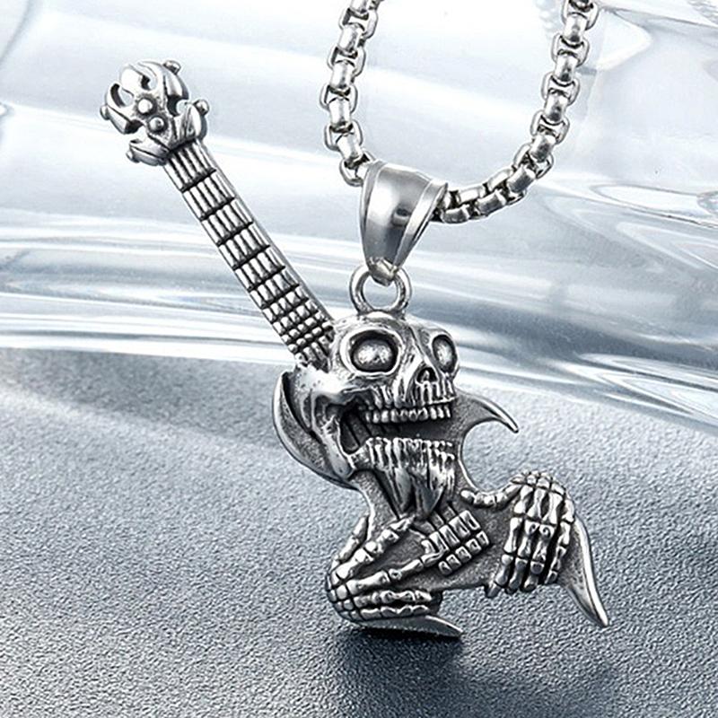 Hip Hop Rock Skeleton Men Guitar Instrument Pendant Necklace Retro Punk Copper Color Stainless Steel Chain Neck Jewelry Gifts