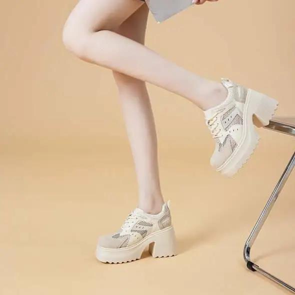 Modă 10CM Plasă Aer Microfibră Piele Naturală Platformă Pană Adidași Groși Gol High Brand Vară Femei Sandale Pantofi cu Toc Ascuns