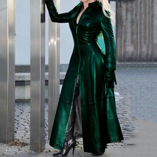 Giacca lunga da donna in ecopelle Colletto con bavero Abbottonatura con cerniera Cappotto cyberpunk Vita stretta Orlo diviso Giacca casual in tinta unita allentata Moda autunno