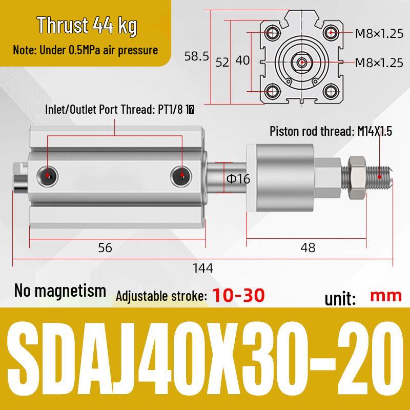 Adjustable Stroke Pneumatic Thin Cylinder - Piston Rod Sizes: 16/20/25/32/40/63