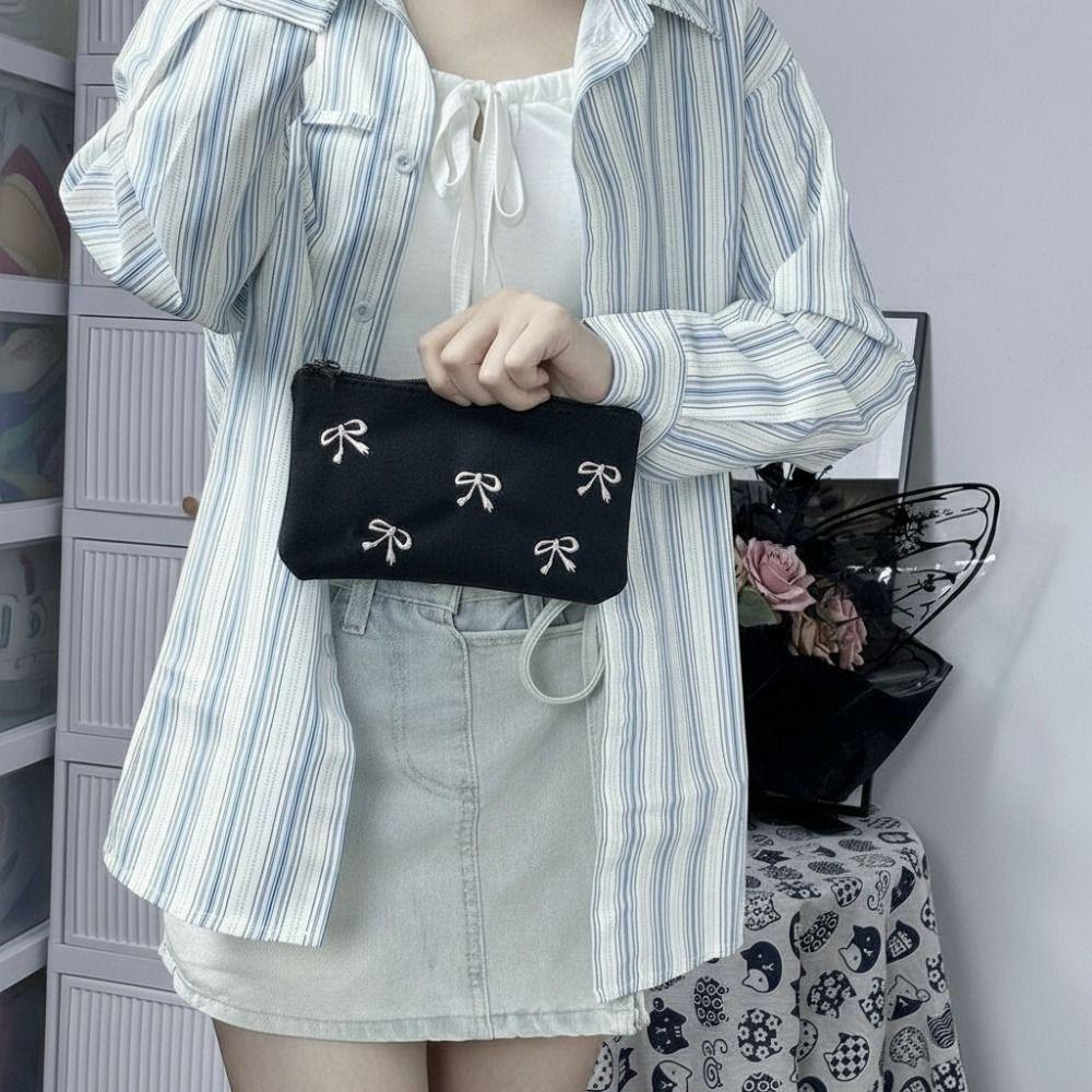 New Canvas Cute Embroidered Bag Bowknot Lovely Print Cosmetics Bag Square Shape Stationery Bag