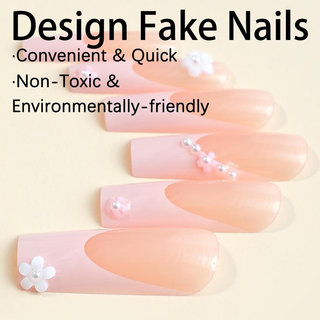 Camellia Rhinestone Extra Long French Manicure Fake Nails