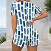 Women Plus Size Green Blue White Striped Printed V Neck Short Sleeve Button Front Romper