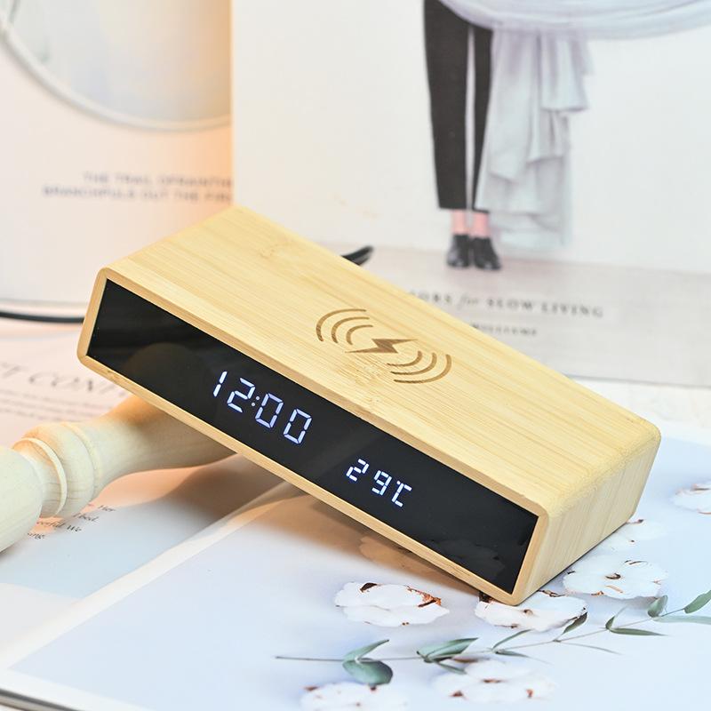 Bamboo Wireless Charging Clock Creative Electronic Mirror Clock Wooden Wireless Charging Sleep Alarm Clock Solid Wood Bamboo Clock