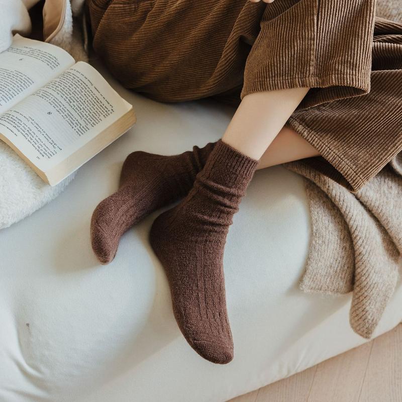 1 par de meias femininas de lã de caxemira quente para outono e inverno, meias femininas grossas, térmicas, de cor pura