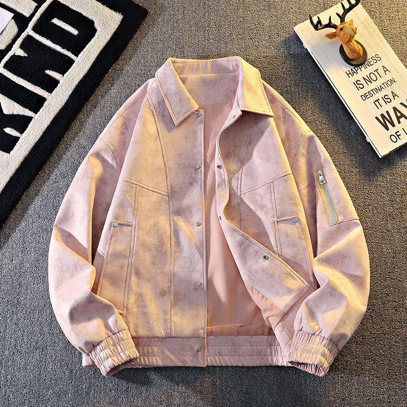 

Men s 2025 American Style Lapel Jacket: Spring & Autumn Workwear, Loose, Casual & Retro. 5XL рожевий