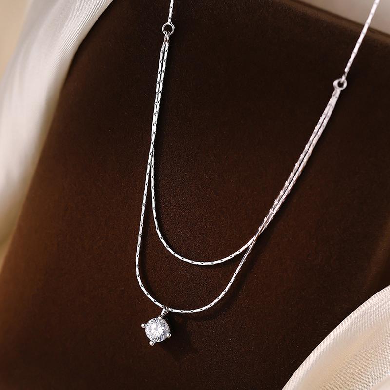 Double Layered Round Zircon Pendant Necklace For Women Simple Clavicle Chain Temperament Jewelry Gift Wholesale