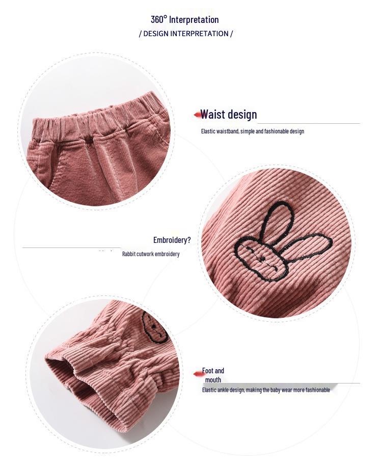 2024 Spring Korean Children's Corduroy Joggers - Big Ear Rabbit Design for Girls