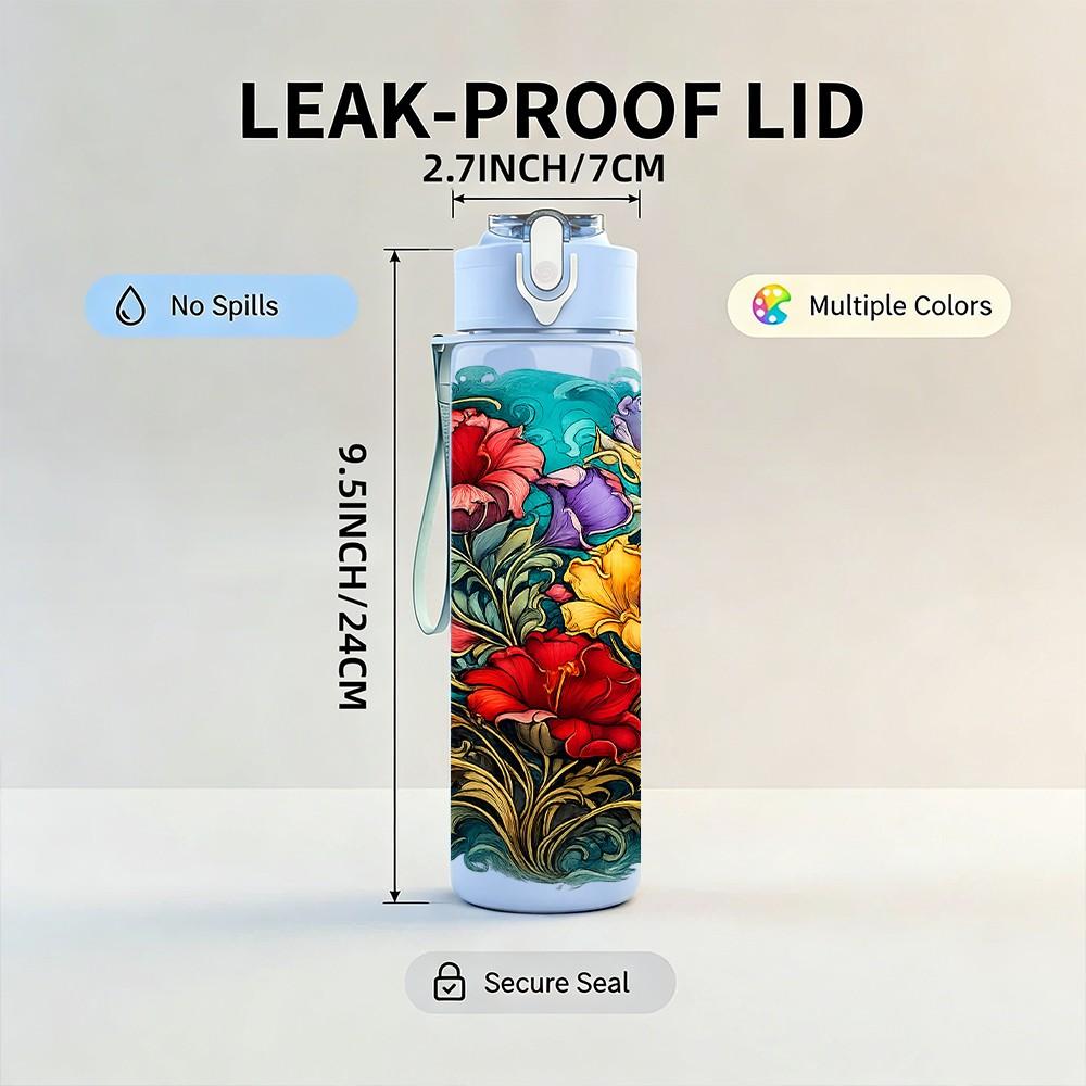 1PC Multi Color Wild Flower Print 750ml Color Plastic Sports Water Bottle Leakproof Flip Straw Lid Suitable for Sports Office Home Use