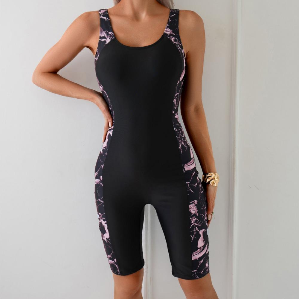 European and American One-piece Swimwear Printed Splicing Conservative Sports Tight Competitive Swimsuit