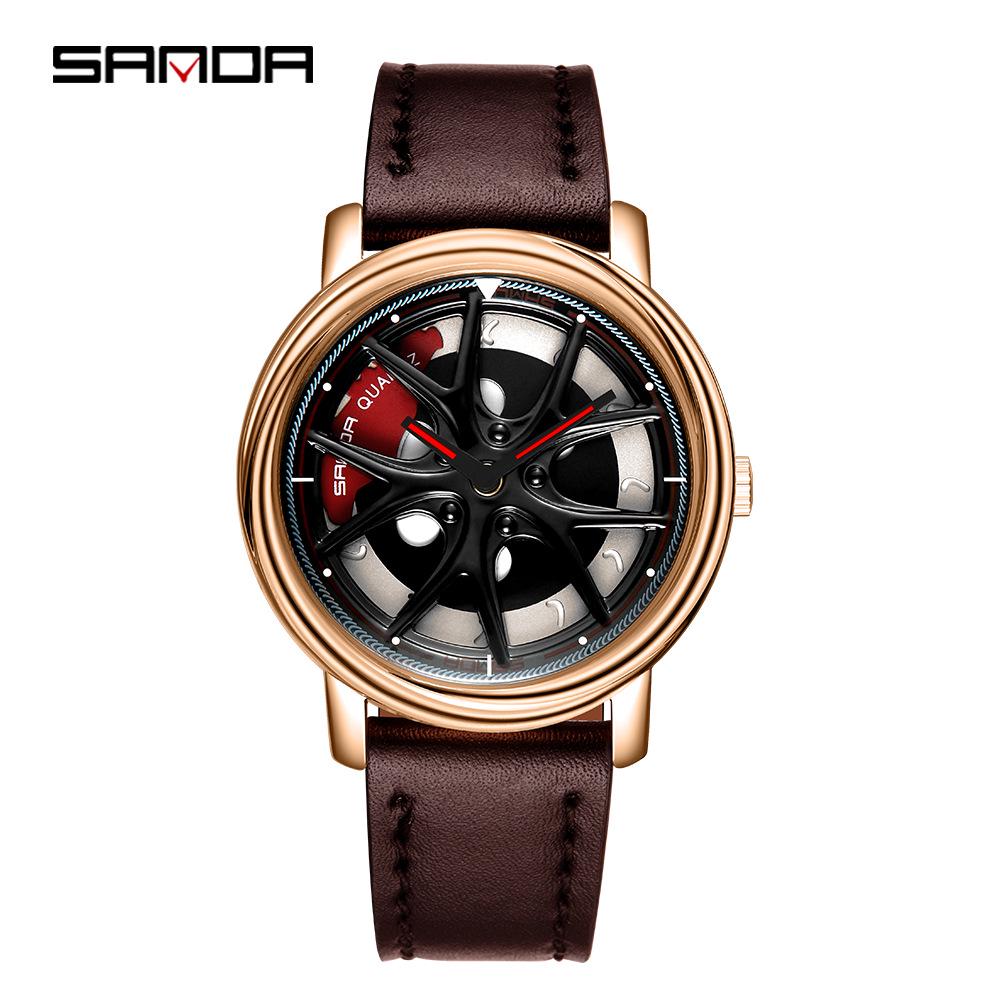 Sanda Cool Wheel Men's Skeleton Dial Leather Strap Waterproof Quartz Watch