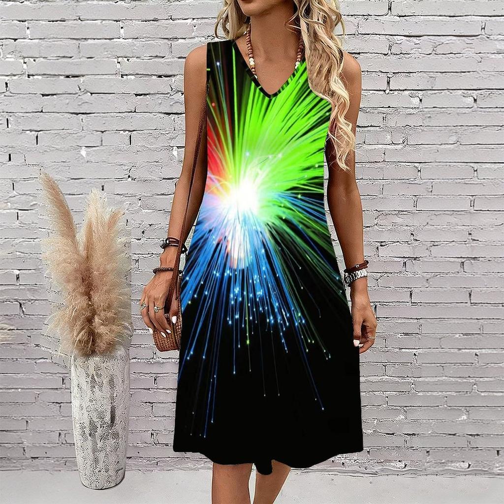 Plus Size V Neck Sleeveless Forest Valley Stream Watercolor Print For Country Leisure Vacation