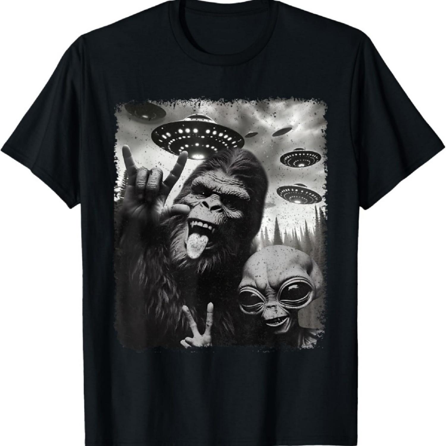 Смешная футболка с Бигфутом и инопланетным Сасквочем, показывающими жест  Рок-н-ролл  на руке, и НЛО для селфи S