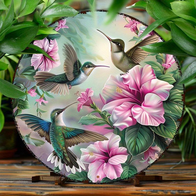 Vintage Hummingbirds with Pink Hibiscus Flowers Round Metal Sign D Flat Printed Floral Bird Art Tin Plaque Rustic Nature Home