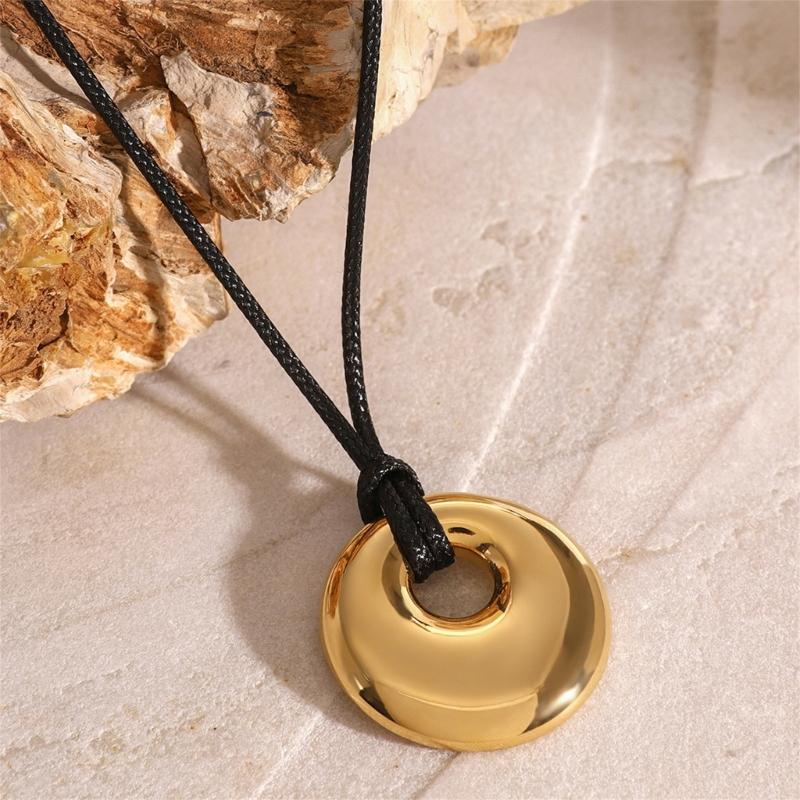 Stylish Black Cord Necklace With Leather Pendant Modern Jewelry Comfortable Black Rope Necklace For Women Everyday Wear