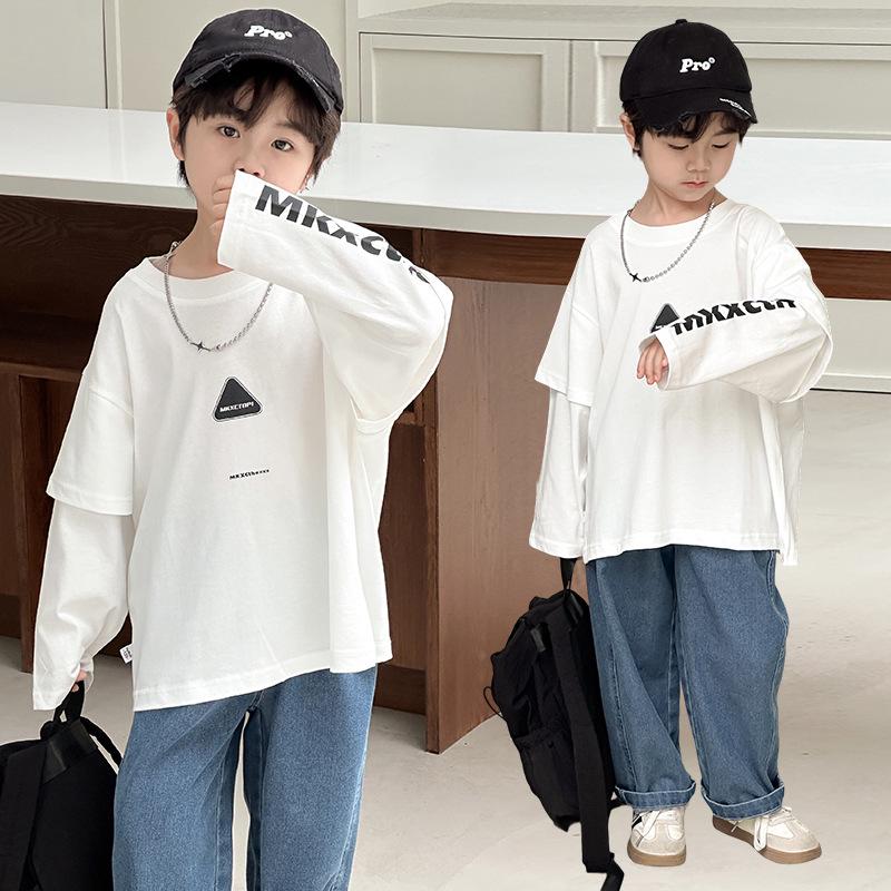Boys' Trendy Hip-Hop Sweatshirt 2025: Autumn Style, Long-Sleeve Fake Two-Piece for Small and Medium Kids
