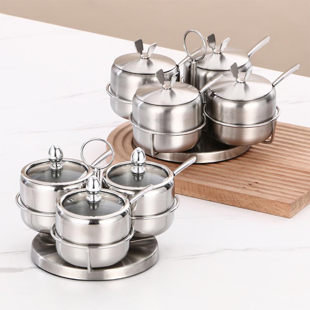 3/4Pcs with Lid Rotating Seasoning Jars Set 304 Stainless Steel Kitchen Spice Container  Gadget
