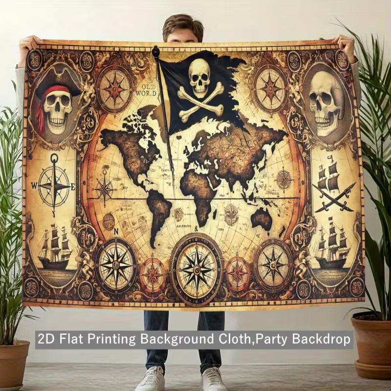 Vintage Pirate World Map Tapestry - Skull & Compass Wall Hanging Decor