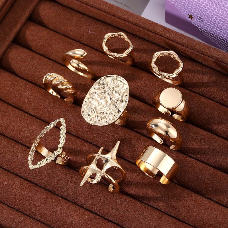 10Pcs/Set Fashion Metal Lava Lines Star Rings Set For Women Exaggerated Gold Color Geometric Smooth Chunky Ring Jewelry