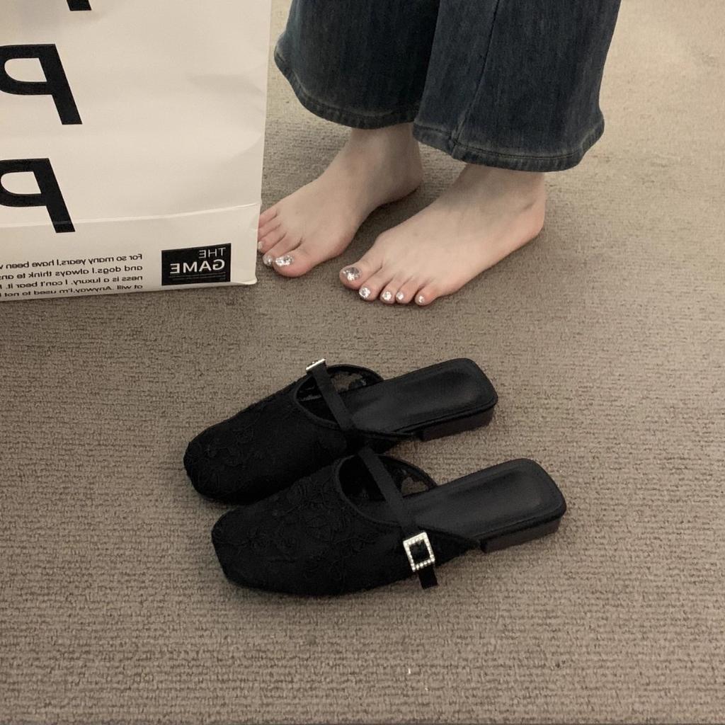 Niche mesh premium baotou half-drag sandals women's shoes 2025 new summer vacation style French with evening shoes