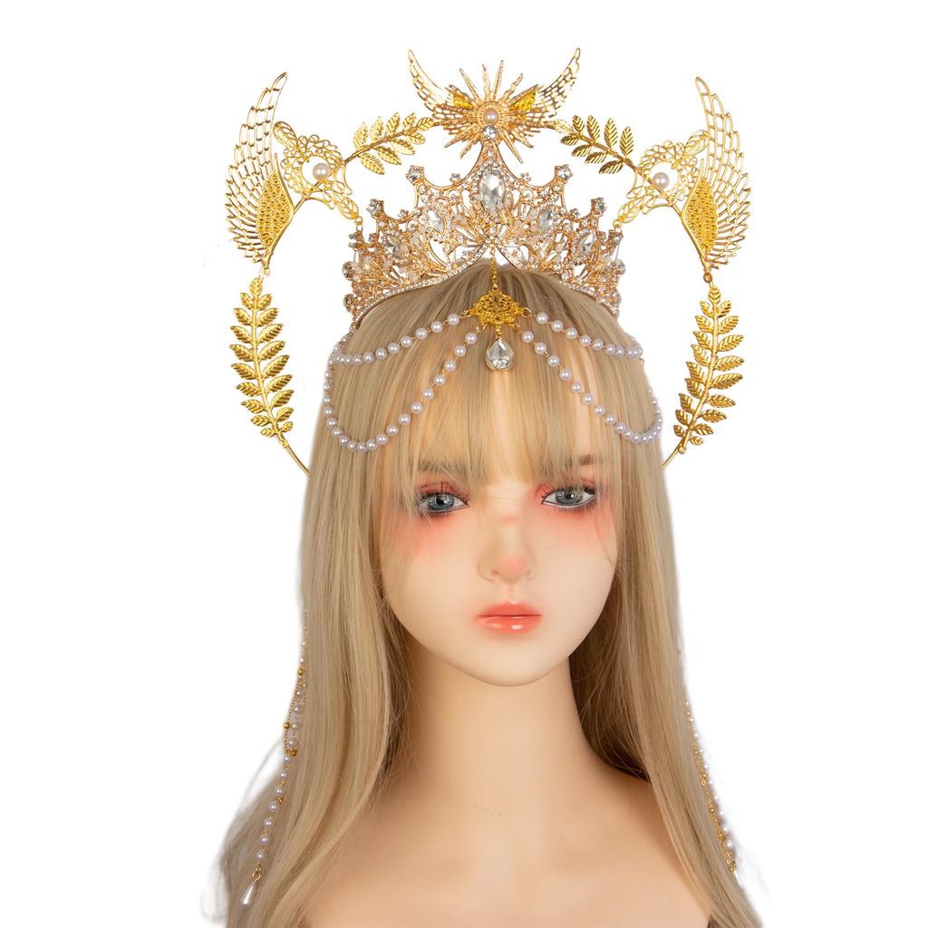Lolita Angel Wings Gold Sun Leaves Spiked Sunburst Halo Crown Headpiece Goth Crystal Pearl Pendant Holy Crown Bride Wedding Gift