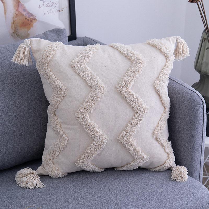 Bohemian Baumwoll-Leinen Bauernhaus Kissenbezug Webspitze Quaste Kissenhülle Bettkopf Sofa Kissenbezug Heimdekoration 45×45CM