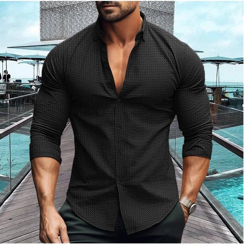 Spring Autumn Men's Plus Size Solid Color Long Sleeved Shirt Waffle Casual Collar Shirt Top