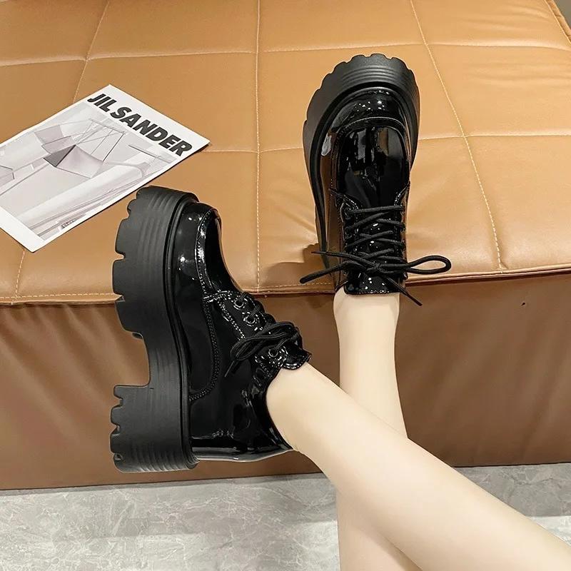 Fashion 10CM Women Patent Leather Platform Sneakers Wedge Heels Ladies Autumn Chunky Shoes Pumps Woman Lace-Up Thick Sole Casual Shoes