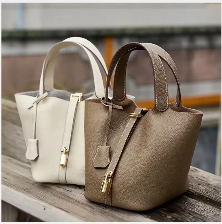Genuine Leather Shoulder Bucket Bag Women Litchi Pattern Mini Basket Tote Soft Handbag Mommy Bride Wedding Bags with Lock