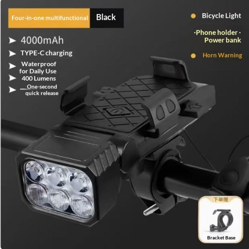 Luce Anteriore per Bici Ricaricabile USB 3-in-1, Campanello, Supporto per Telefono, Antiurto, Montaggio Universale per Mountain Bike, Bici da Strada, Ciclismo Notturno