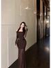 Women's Off-Shoulder Mesh Patchwork Pleated Dress - Slim Fit Waist-Cinching Long Skirt, Sexy Spring Style 