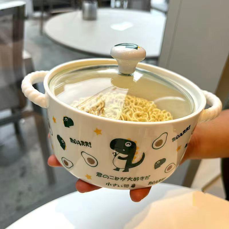 Korean Style Cute Heart Ceramic Noodle Bowl with Lid for Dorm or Bedroom Microwave Use