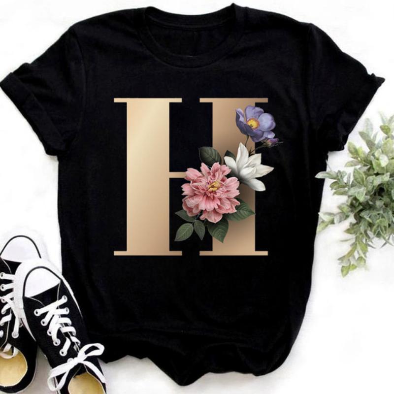 Fashion Golden 26 Letters Flower Harajuku Print Ladies T-shirt Casual Basics O-collar Black Shirt Short Sleeve Ladies T-shirts