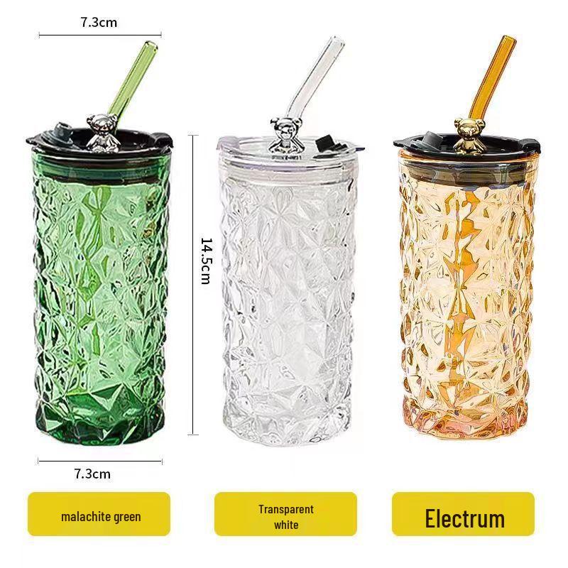 Ins Glass Love Straw Cup with Lid - Portable Diamond Bear Design for Office & Cold Brew Coffee