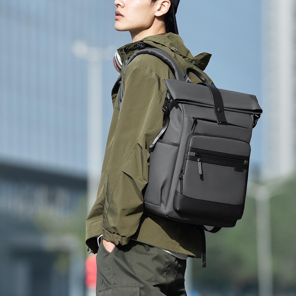 Modern Oxford Fabric Backpack for Men & Women – Minimalist Roll-Top Design with Water-Resistant Material and Multiple Pockets